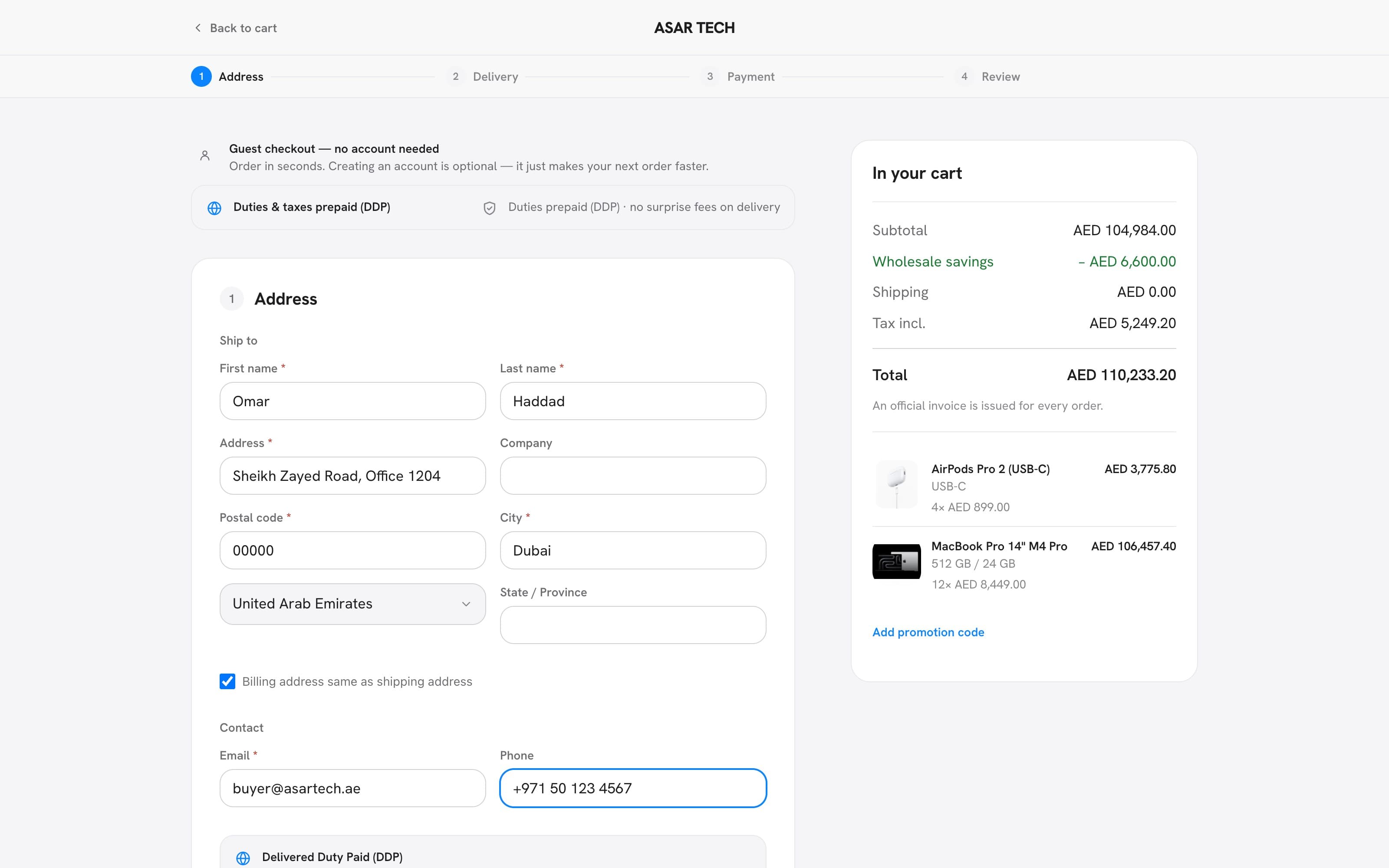 Checkout: contact, ship-to, delivery and payment on one rail