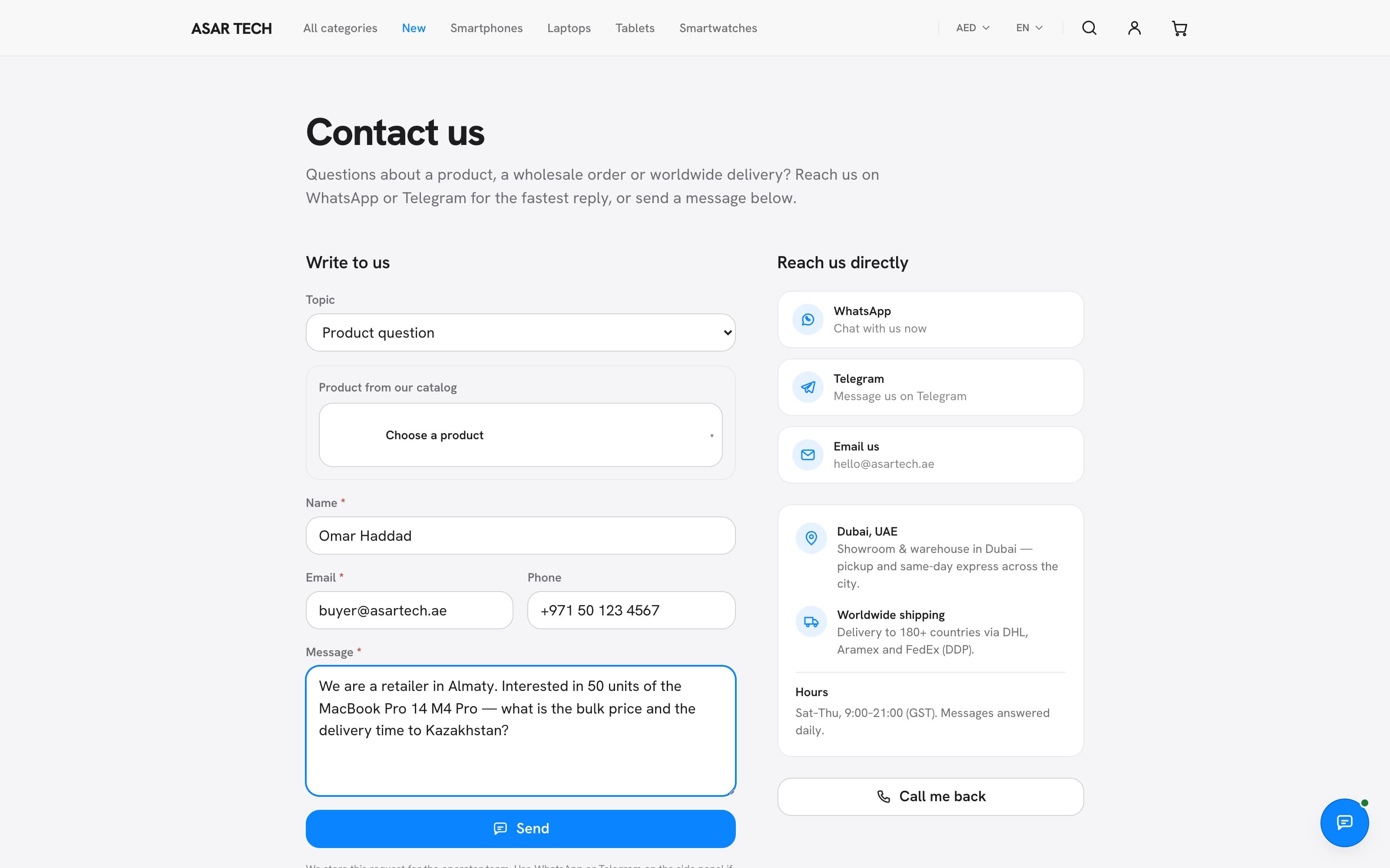 Contact — form, callback, WhatsApp and Telegram