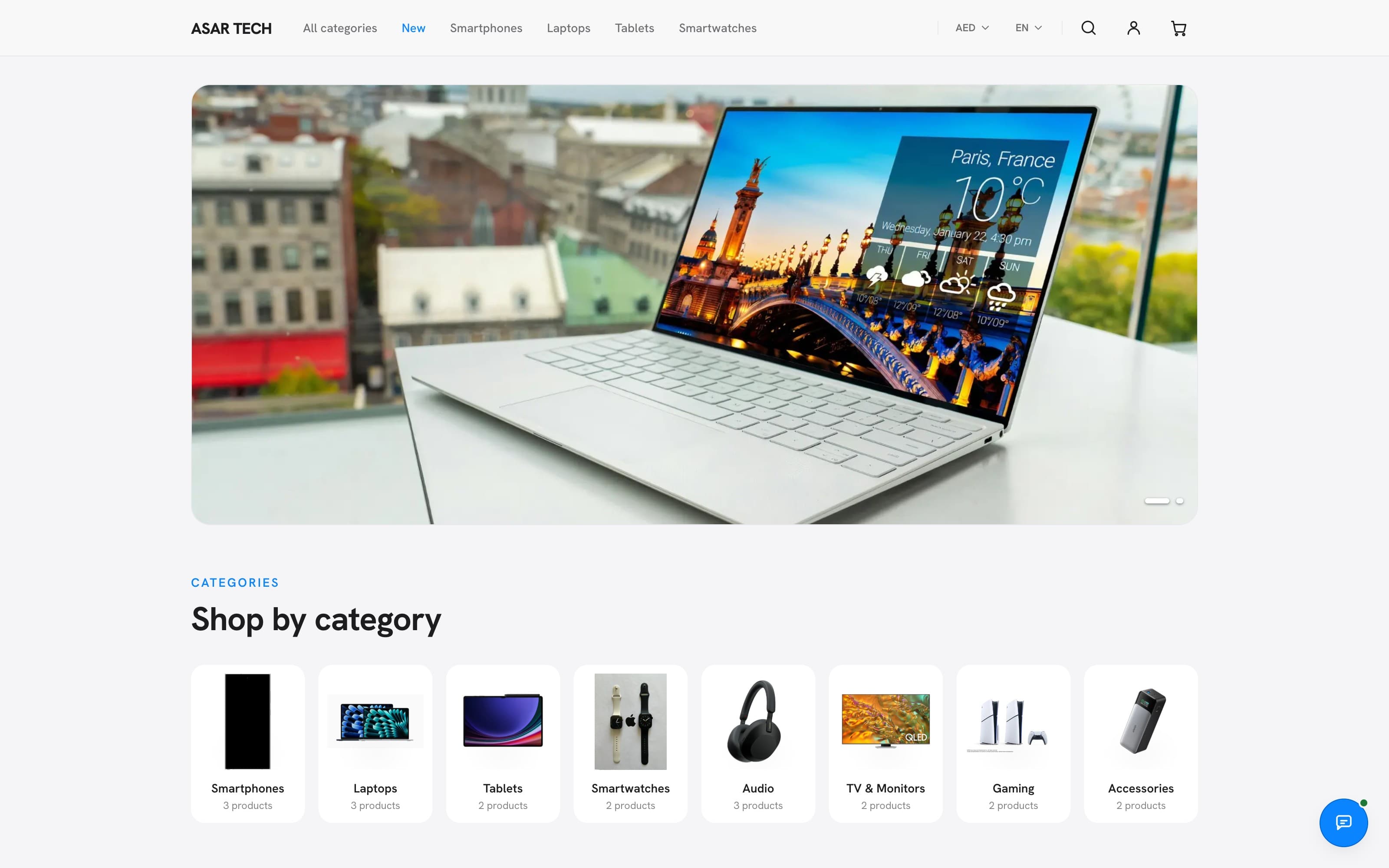 ASAR TECH home: hero banner, categories, new arrivals
