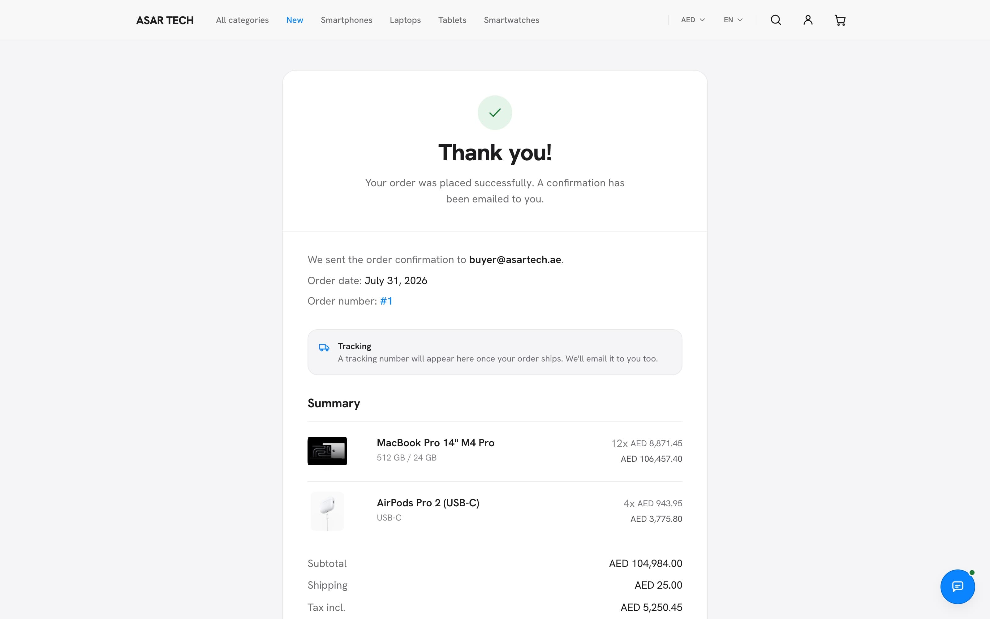 Order placed — the receipt the customer keeps