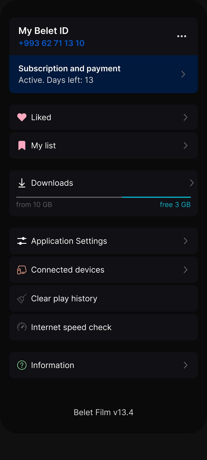Belet ID: subscription active with 13 days left, lists, downloads, settings