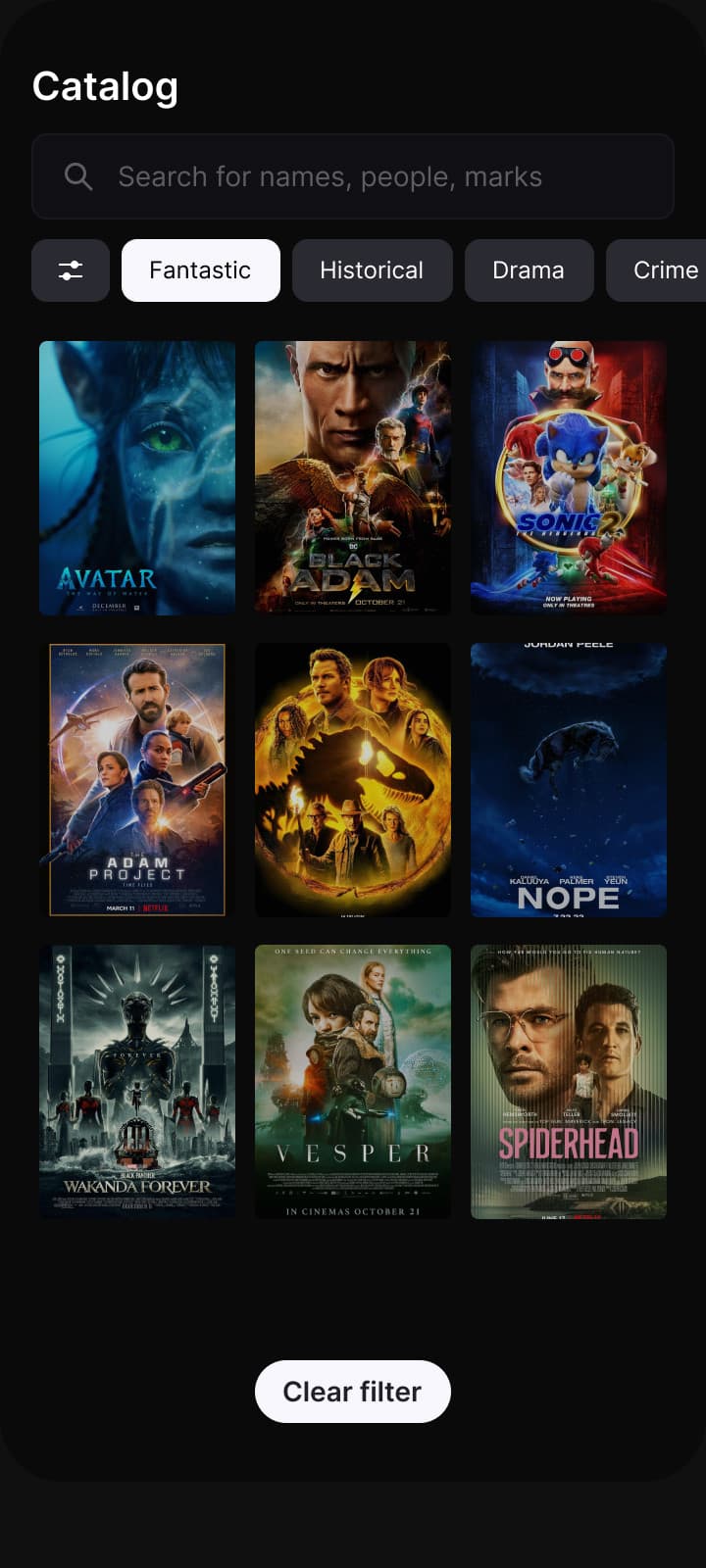 Catalog: search, genre chips and a grid of posters