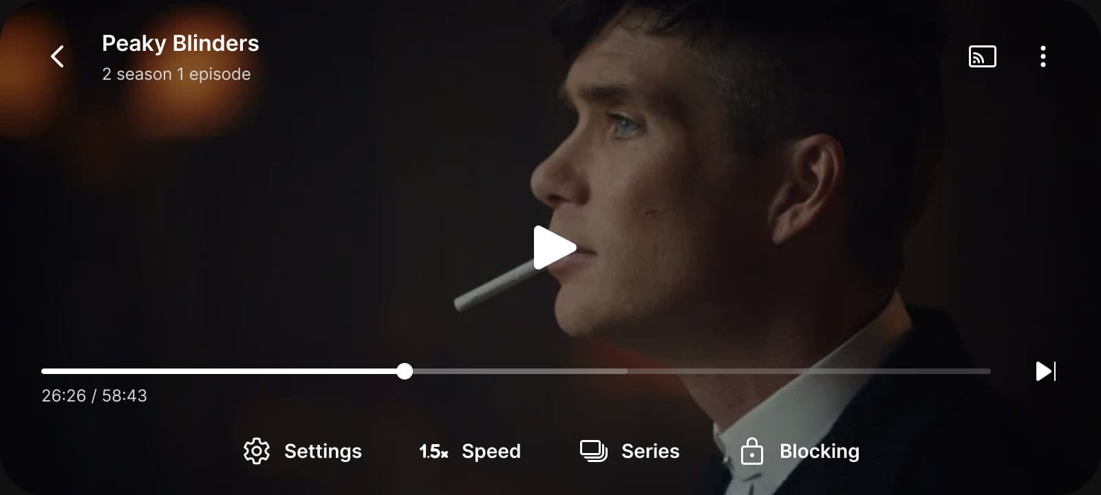 Belet Film player: an episode of Peaky Blinders mid-play