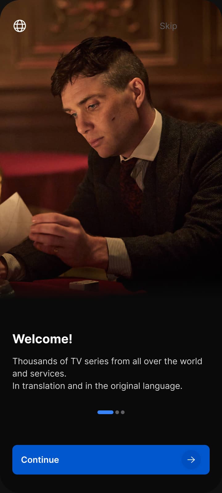 Welcome screen: thousands of series, in translation and in the original