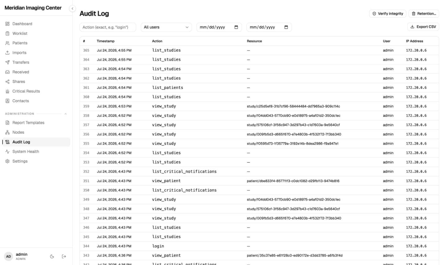 Audit — hash-chained, verified from the browser