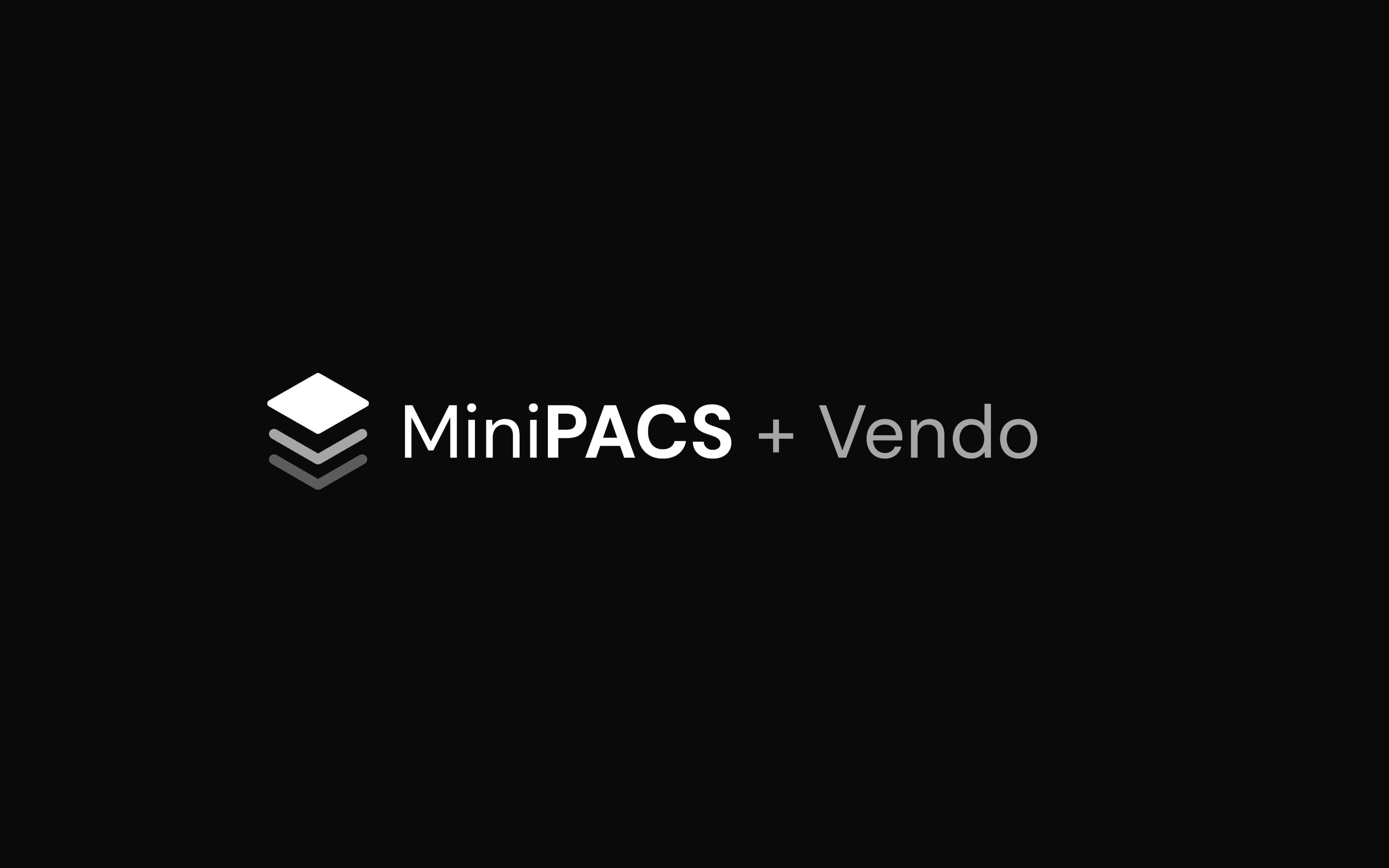 The MiniPACS mark — a stack of DICOM slices — with the wordmark, white on obsidian