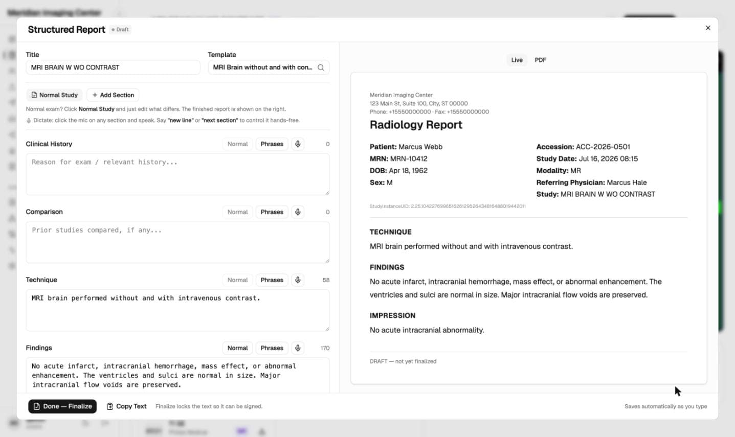 Structured report with voice dictation beside its live PDF preview