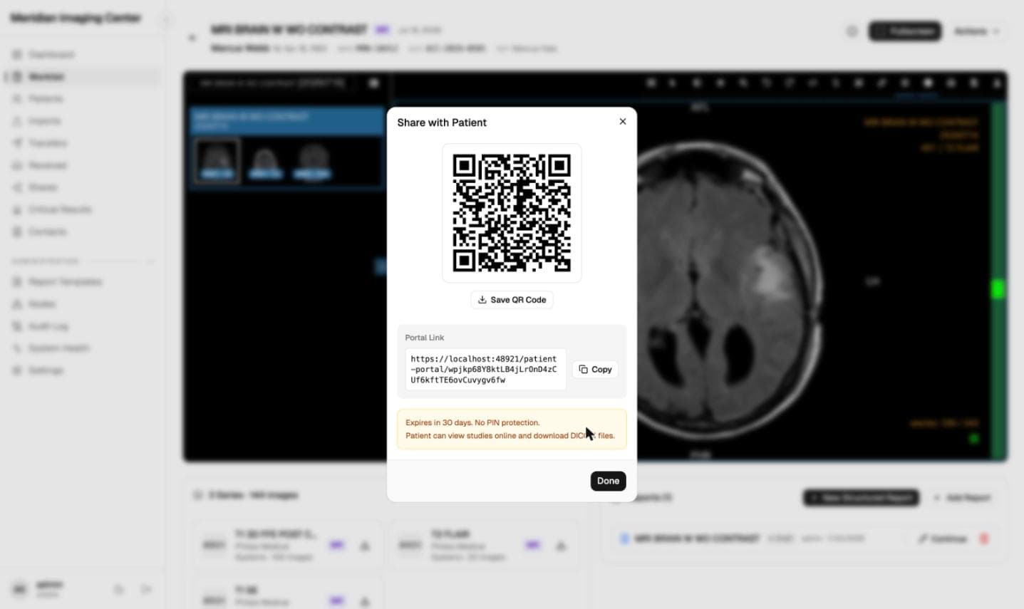 Share with patient: a QR code and a PIN-protected link over the viewer