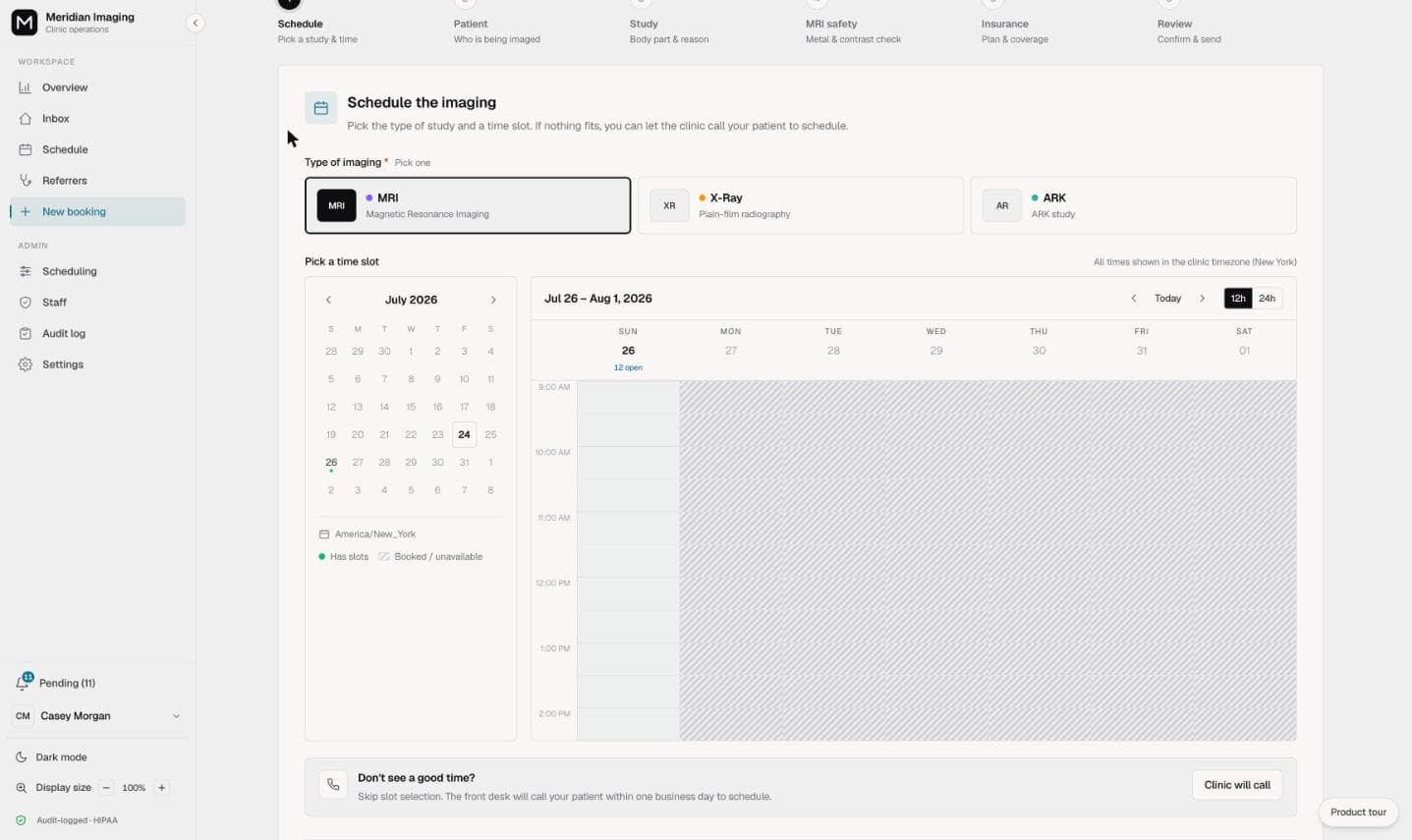 The booking wizard: study type cards beside a week of open slots