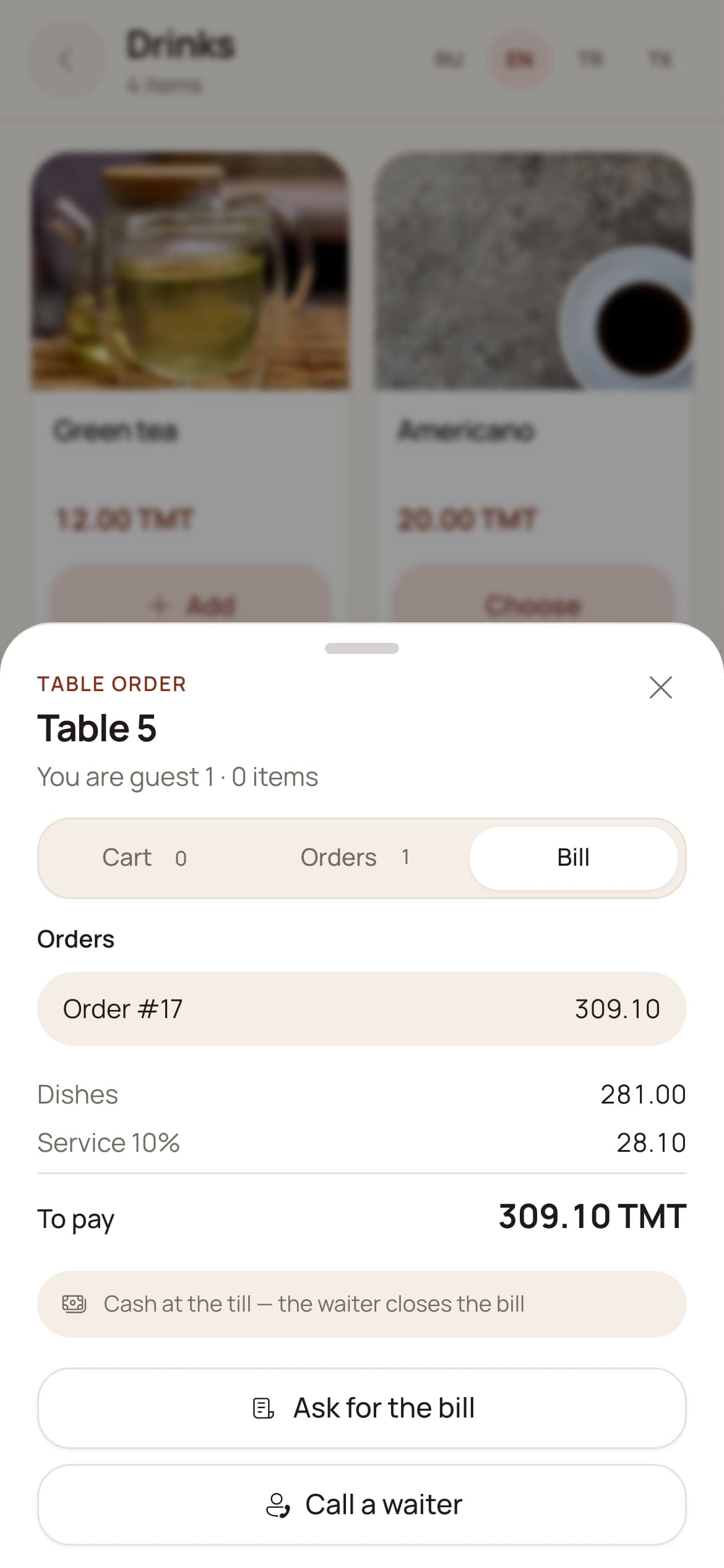 The bill — dishes, service, and what to pay
