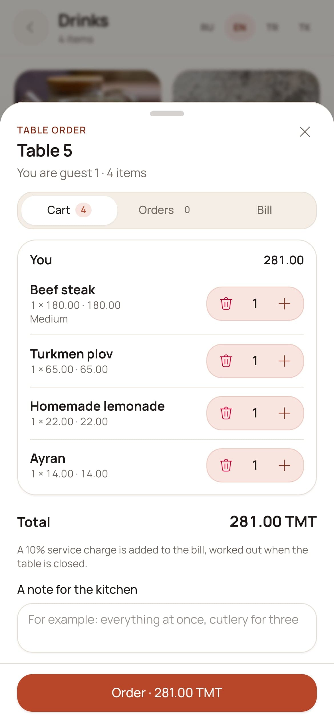 The cart — each guest’s dishes under their own name