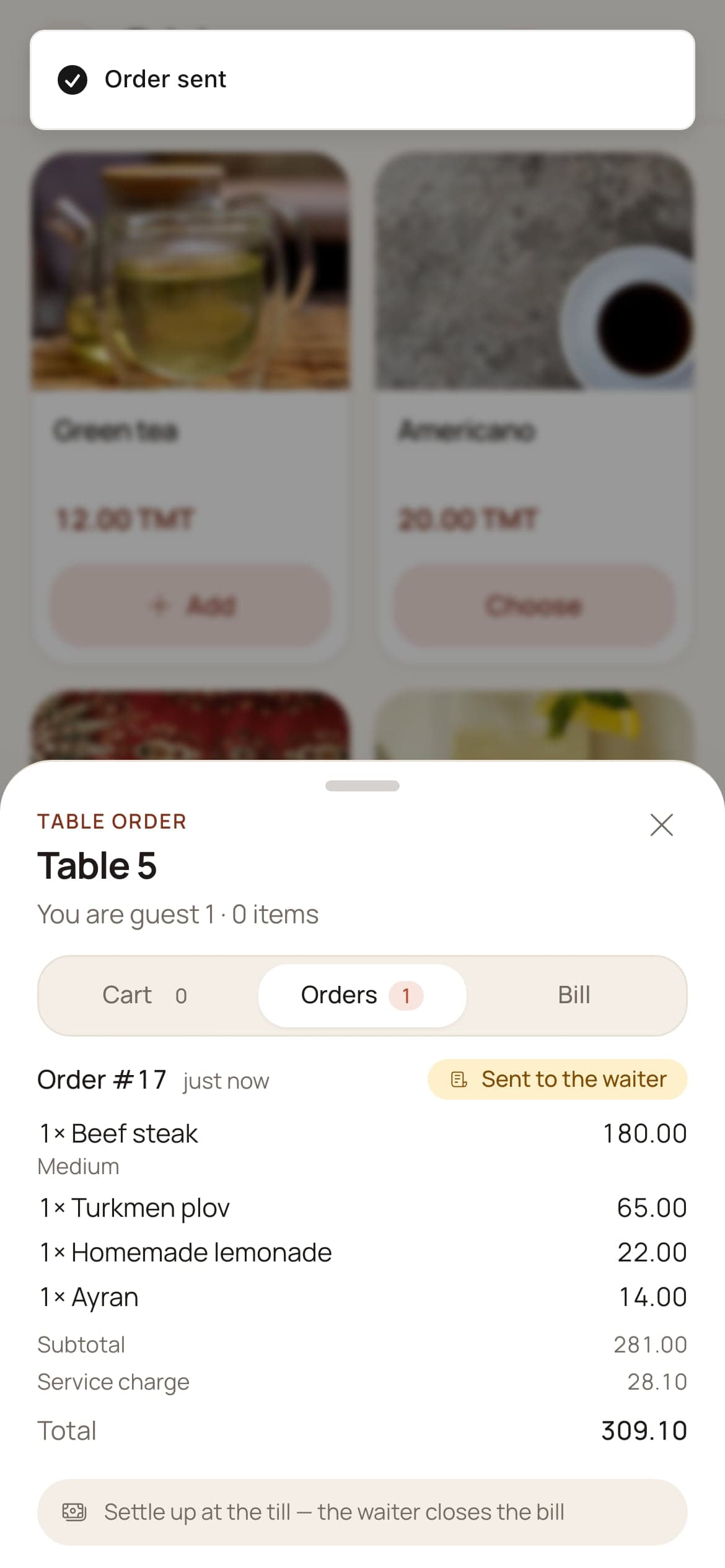 The guest's order sheet: order #17, sent to the waiter, with its lines and total