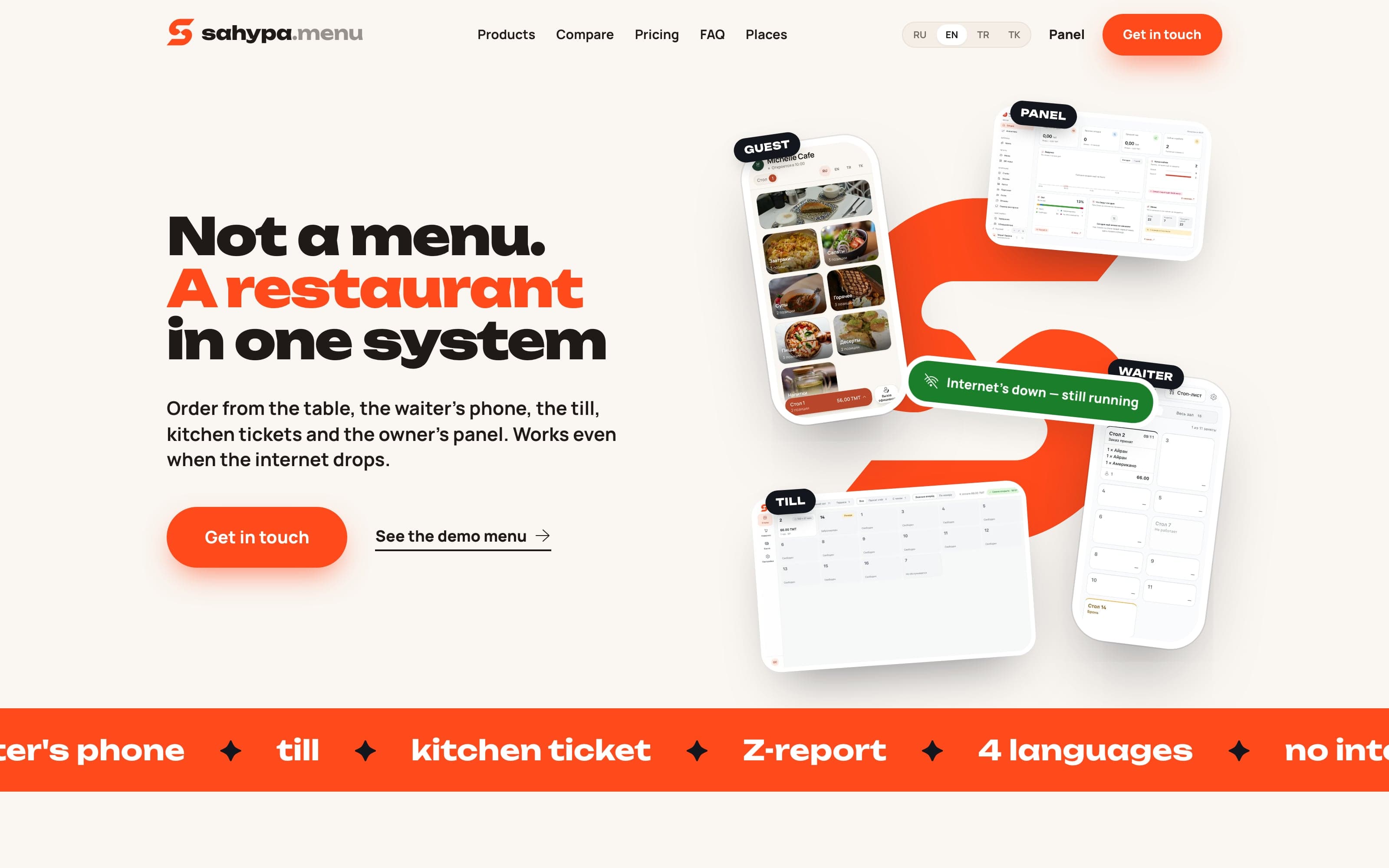 sahypa.menu's front page: “Not a menu. A restaurant in one system”, beside the guest menu, the panel, the waiter's phone and the till around the brand's S