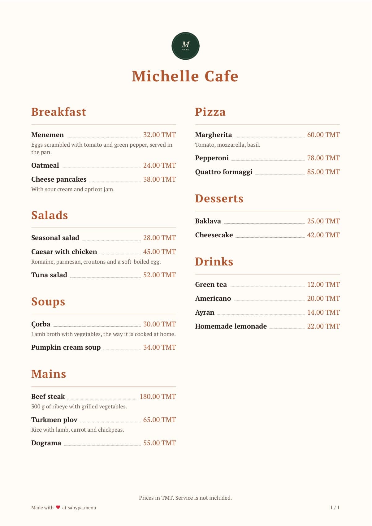 The printed menu — Its own colours and type, A4 or A5, straight to PDF