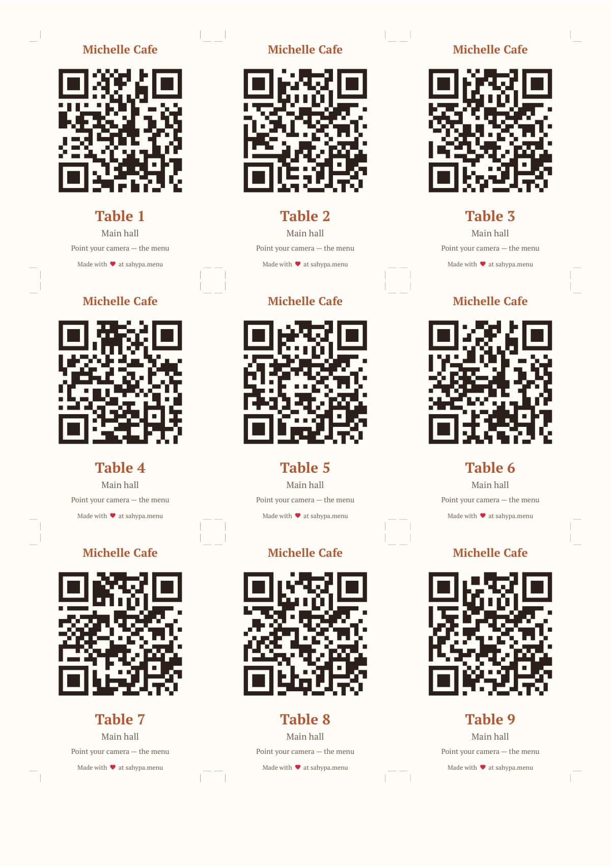 The table codes — One sheet to print, cut and stick — the code never changes